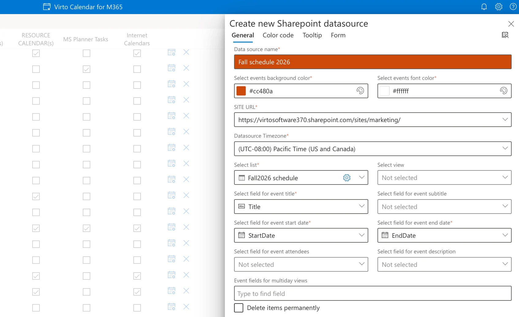 Mapping fields in Virto Calendar App