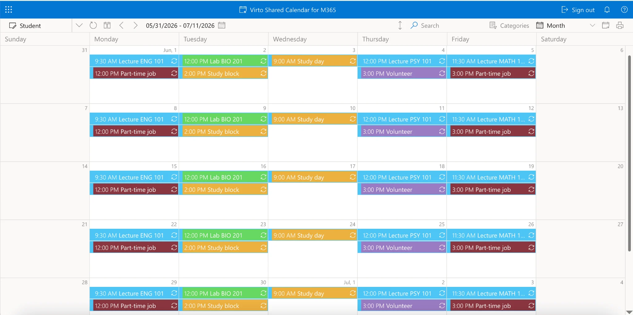 Student personal weekly schedule with color tags in Virto Shared Calendar