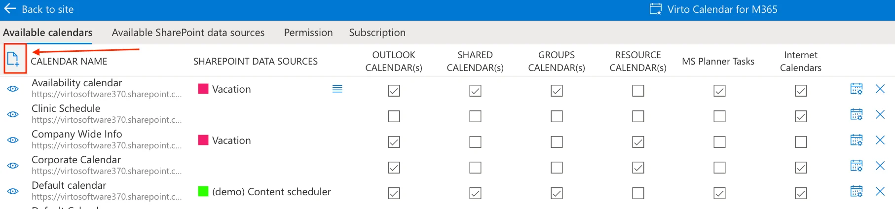Creating a new calendar in Virto Calendar App settings panel