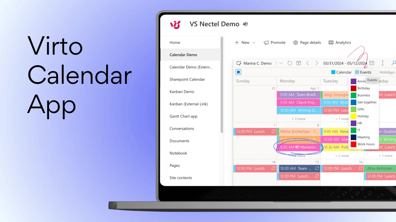 Virto Calendar App unified color-coded multi-source calendar view