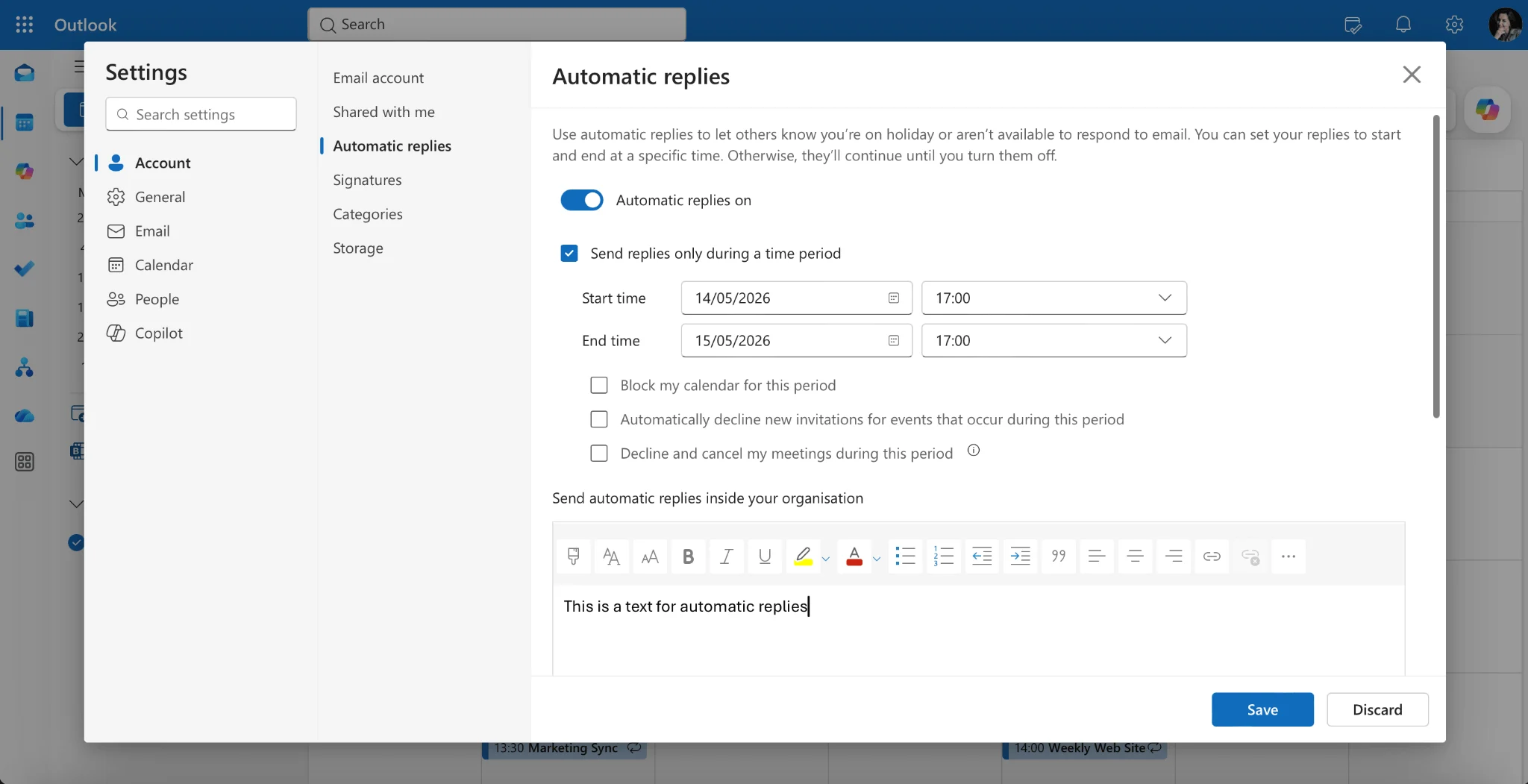 Automatic Replies Out of Office dialog