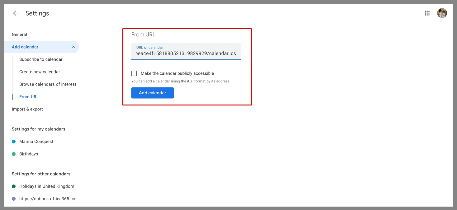 Pasting the ICS link in Google Calendar&rsquo;s Other calendars section