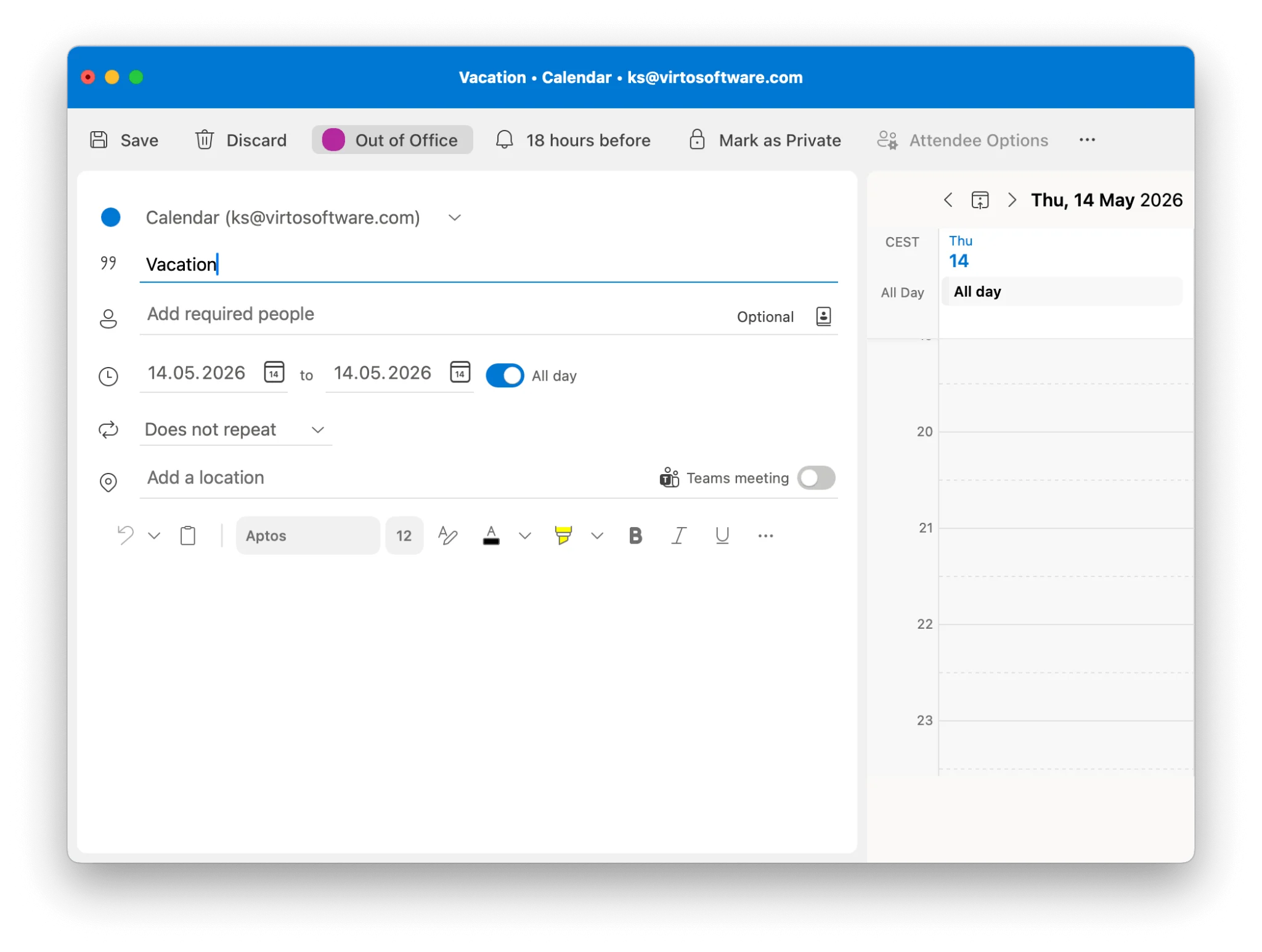 New Outlook event creation panel