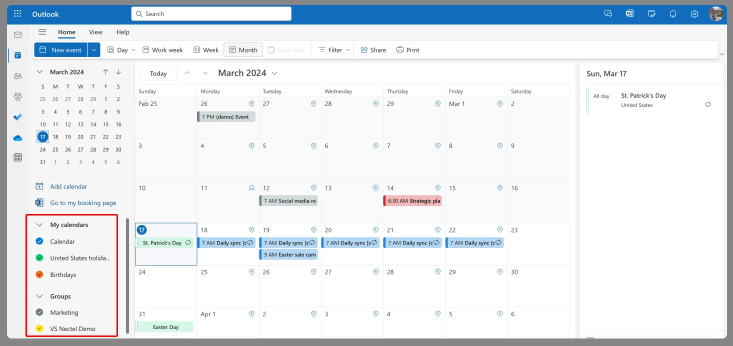 Selecting a calendar and permissions in Outlook calendar settings