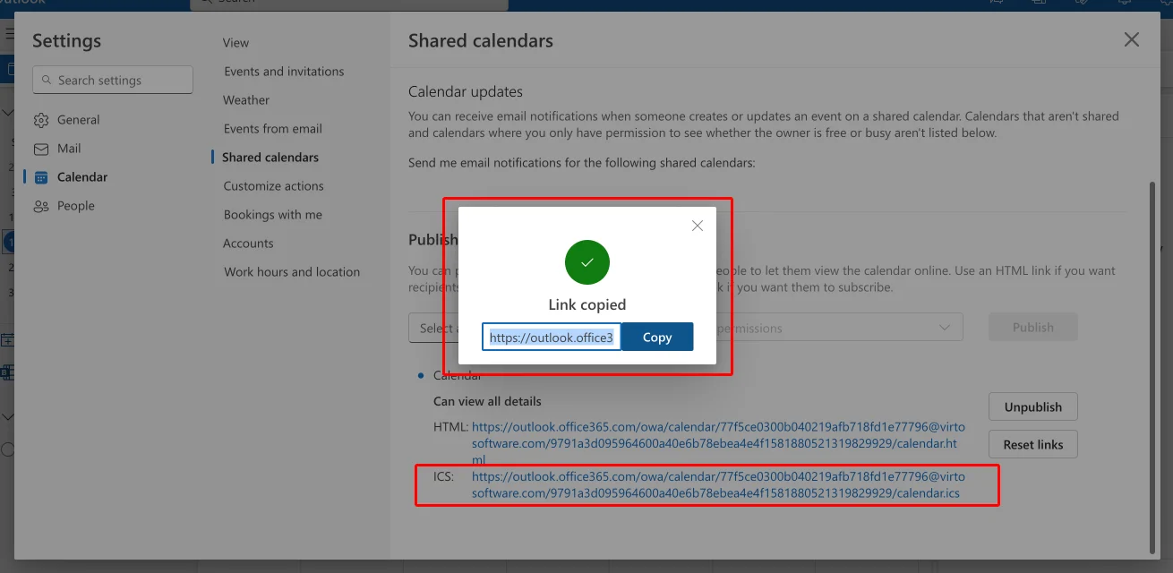 Copying the ICS link from Outlook