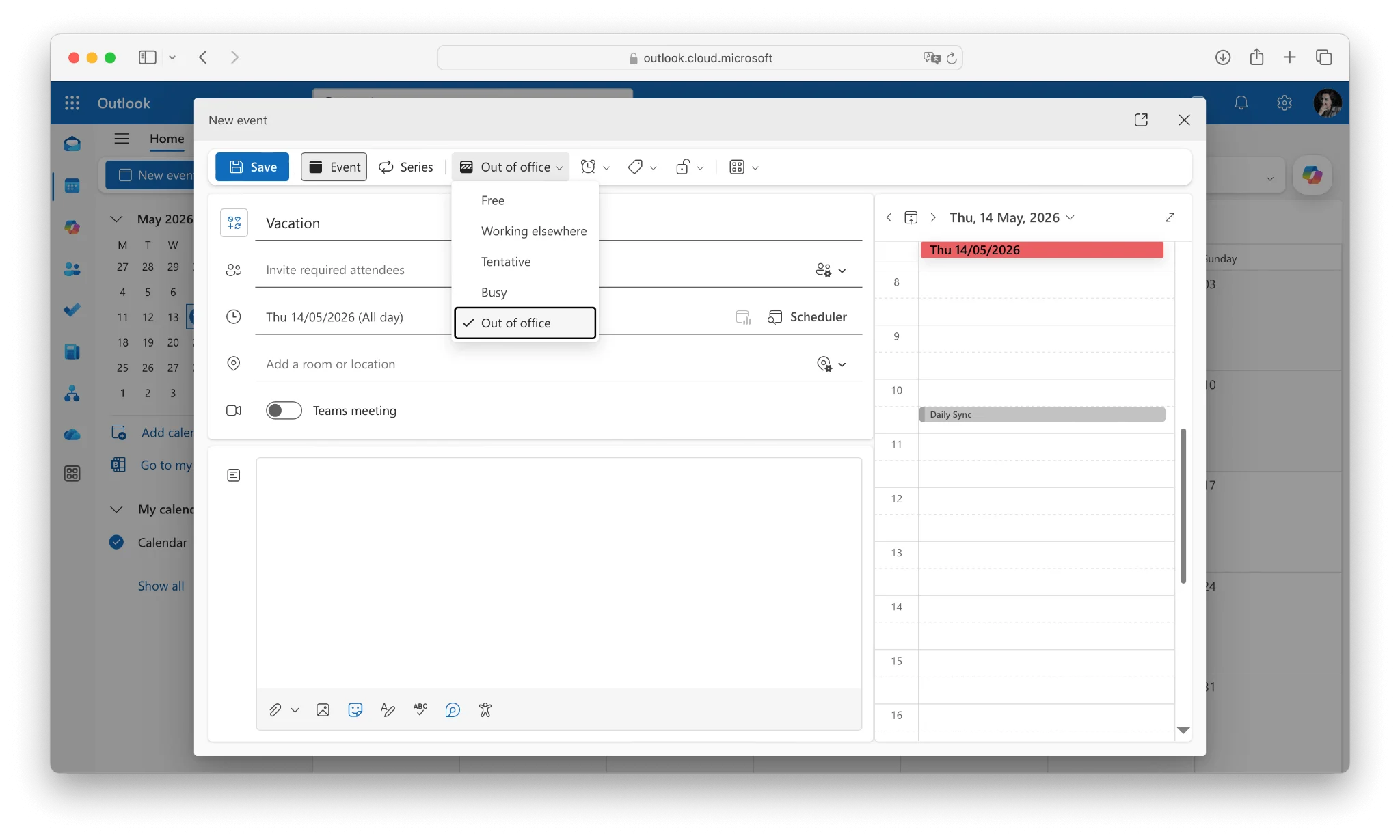 Outlook on the Web save dialog