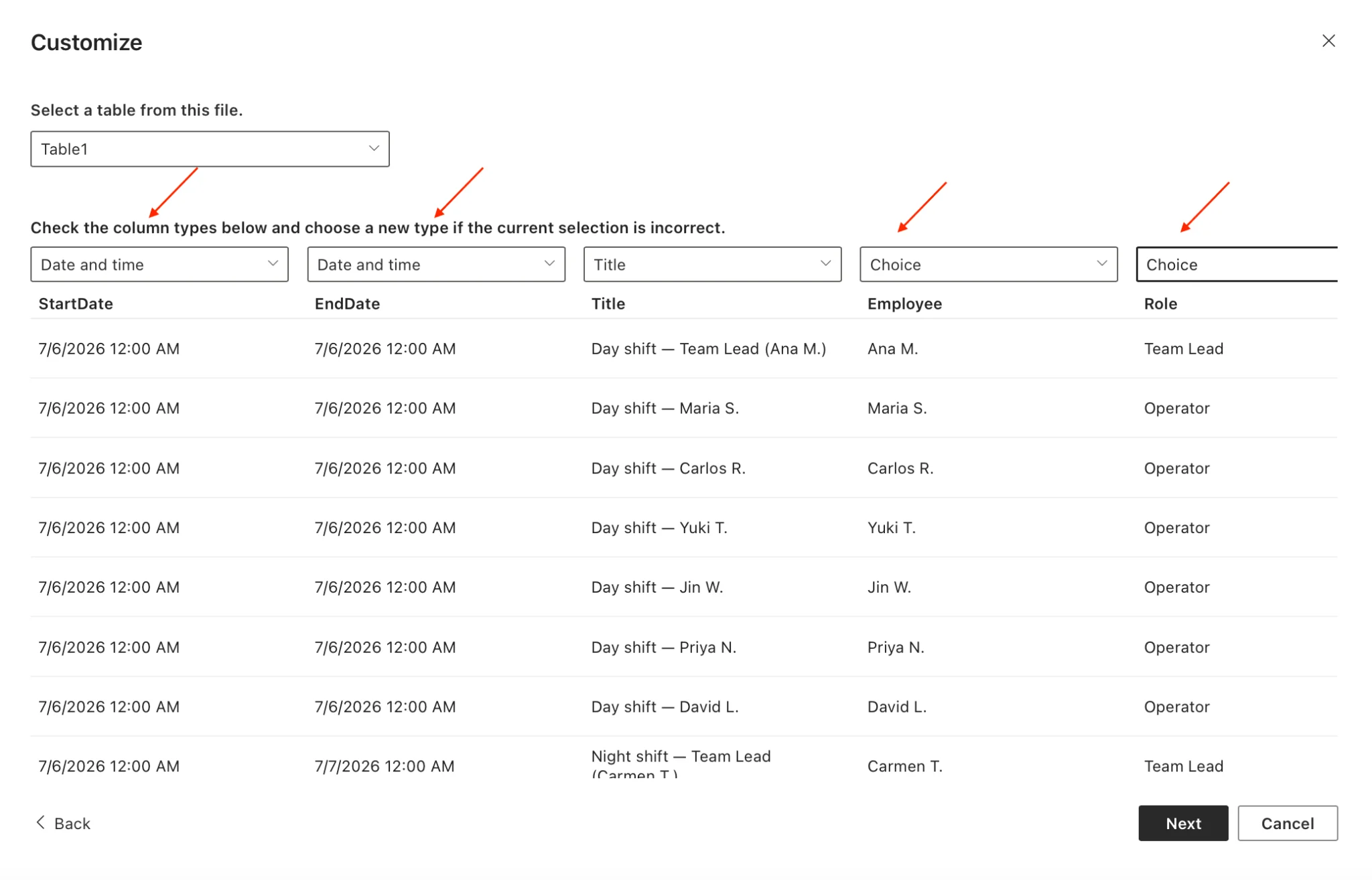 Choosing column types during SharePoint import for color coding