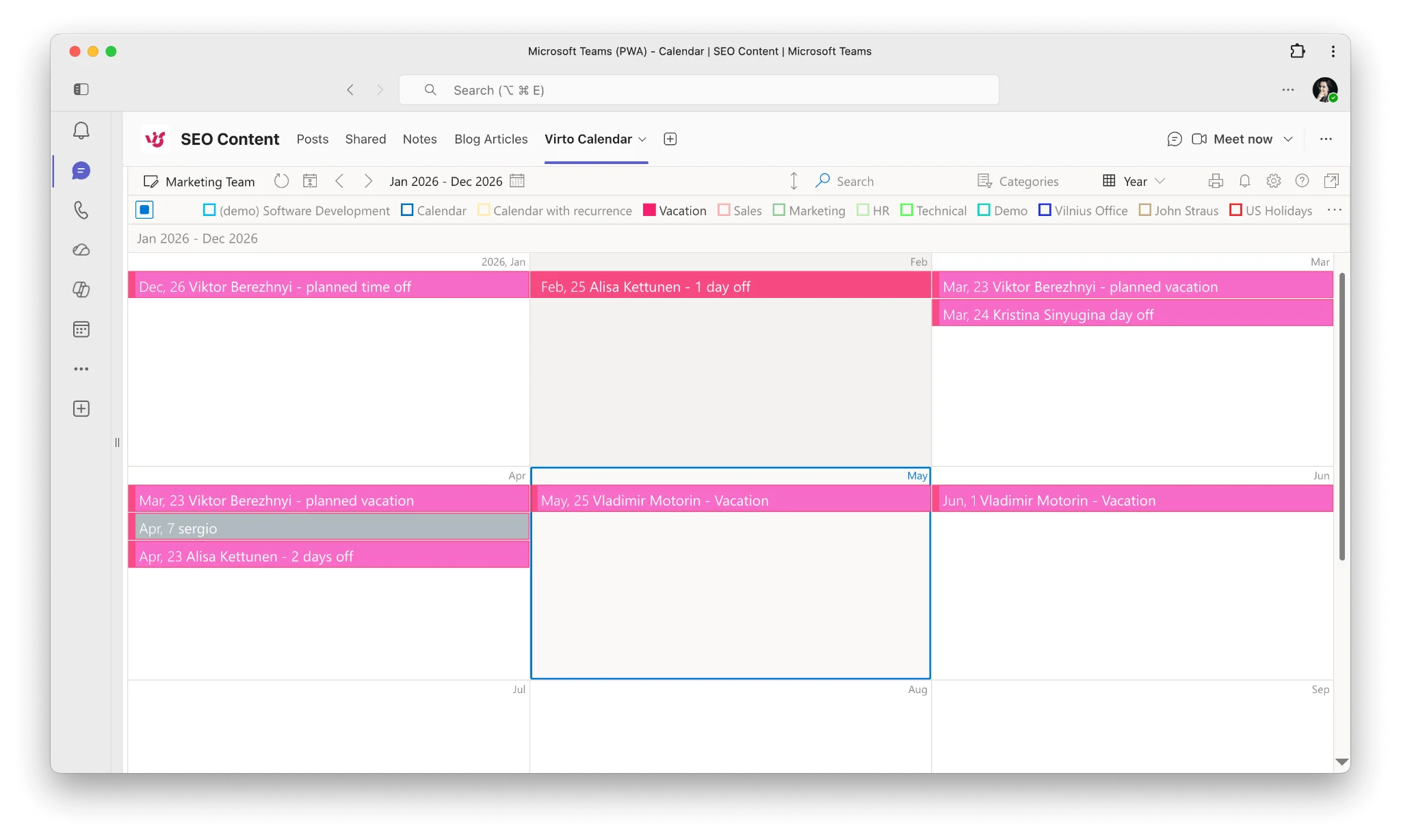 Microsoft Teams channel with pinned vacation calendar tab