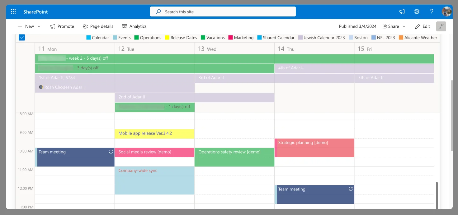 A combined view in Virto Calendar App color-coded