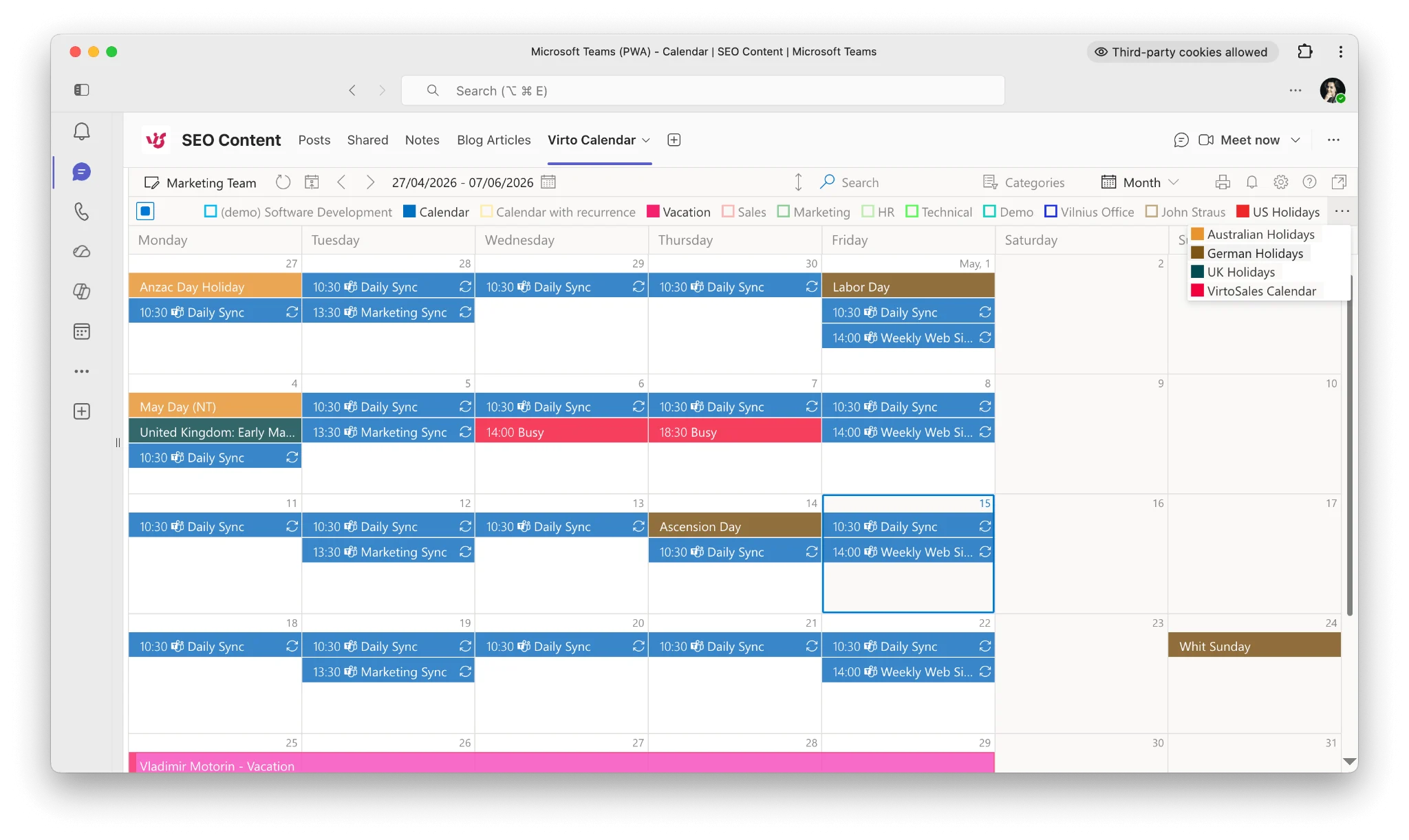 Global team calendar with regional holidays colour-coded