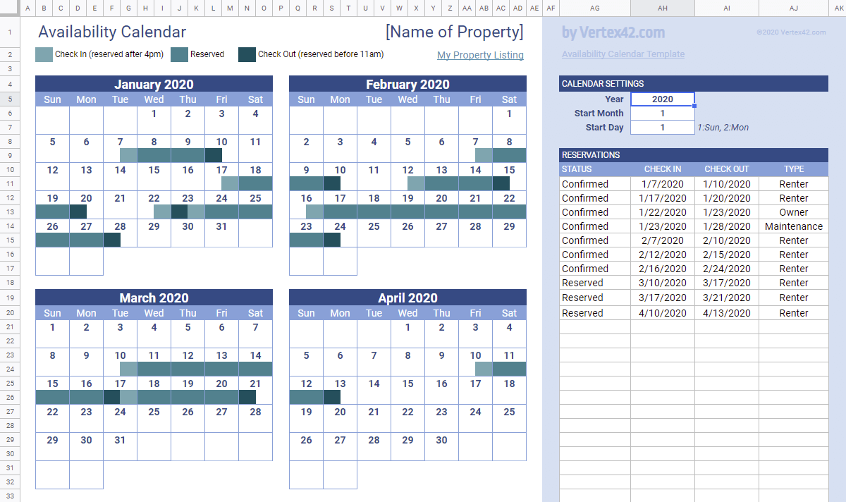 Vertex availability calendar example for Google sheets