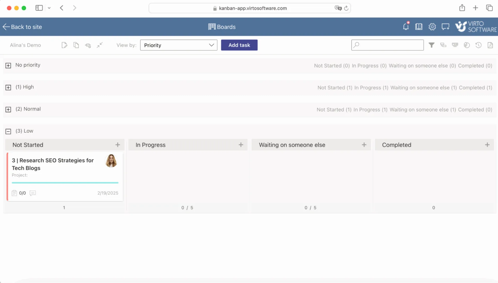 Swimlanes by priority in Virto Kanban Board App.