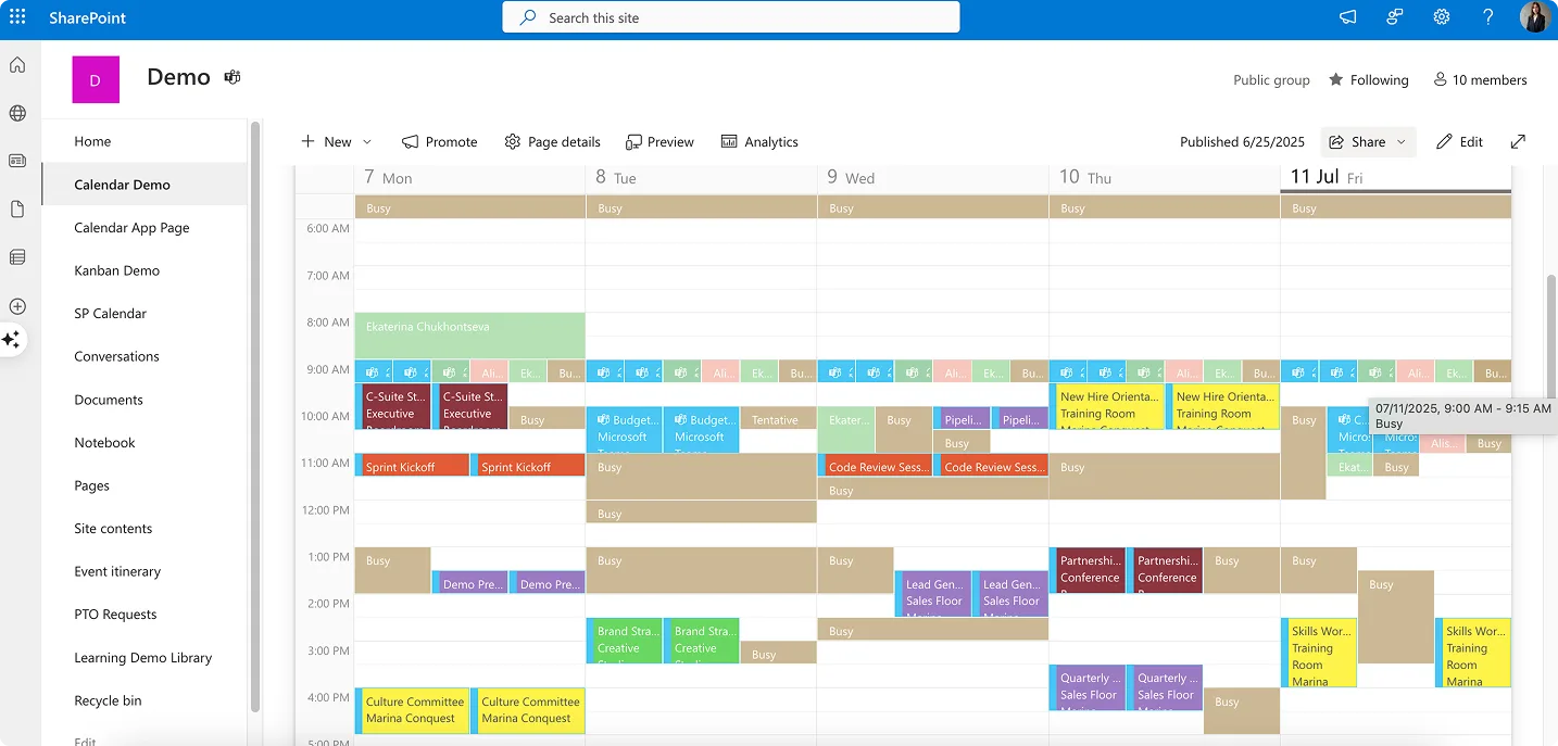 Virto Calendar App in SharePoint