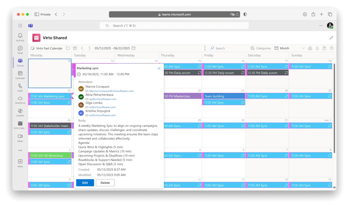 Virto Shared Calendar in Microsoft Teams