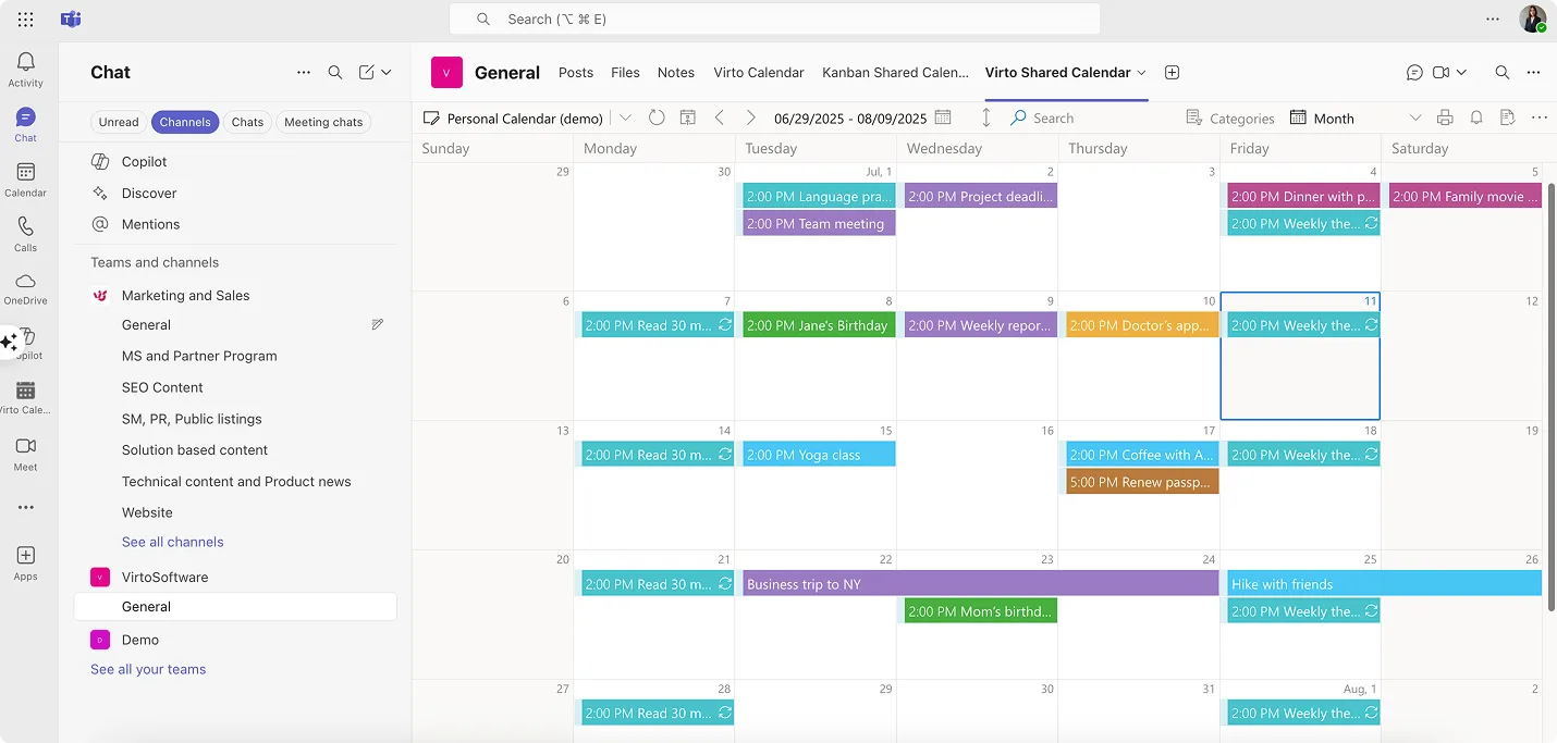 Virto Shared Calendar in Teams