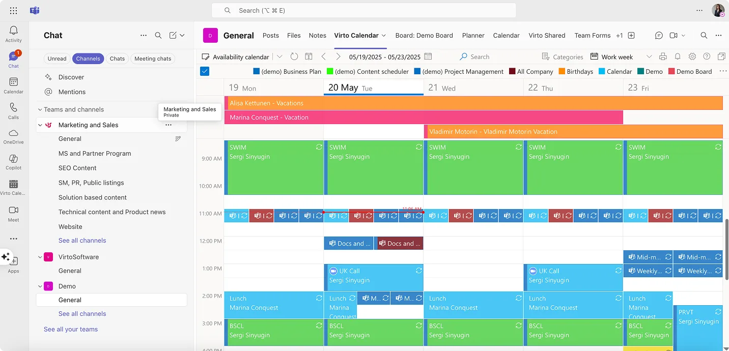 Example Virto Calendar in Teams.