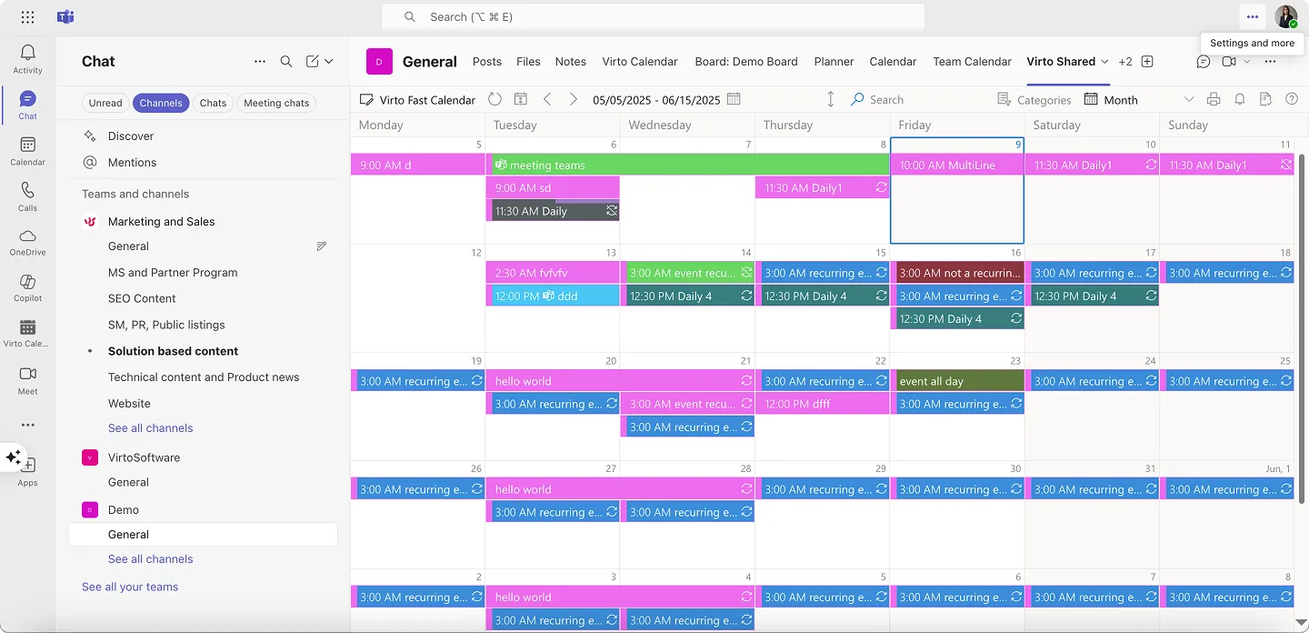 Sample Virto Shared Calendar within the Teams environment