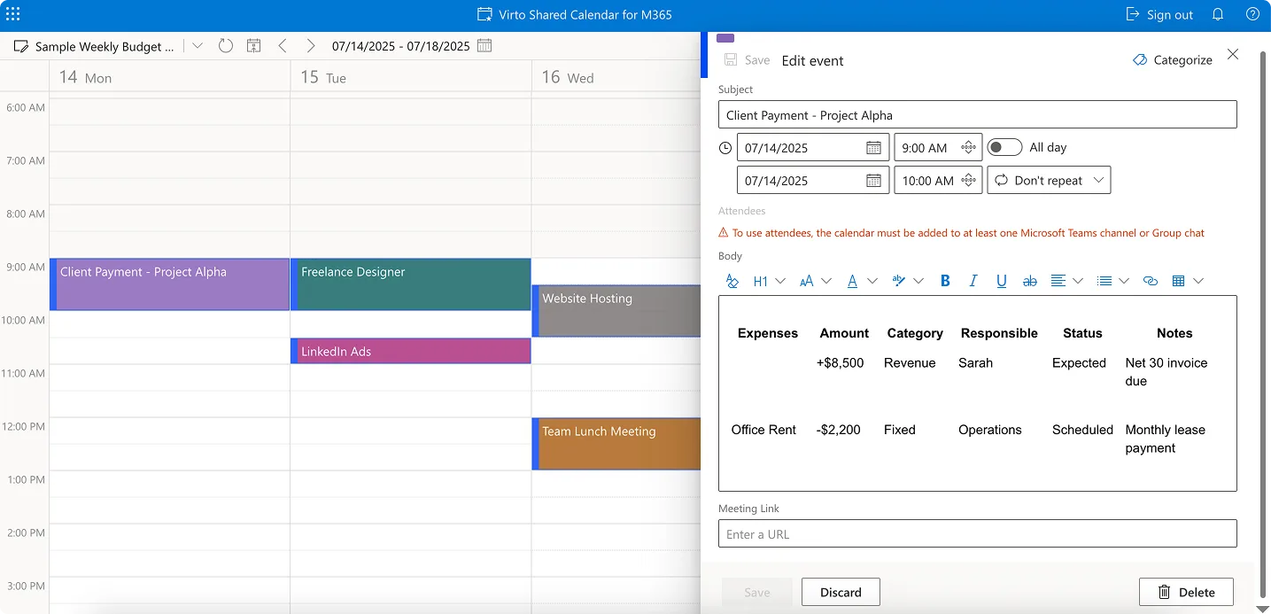 Sample budget event in Virto Shared Calendar