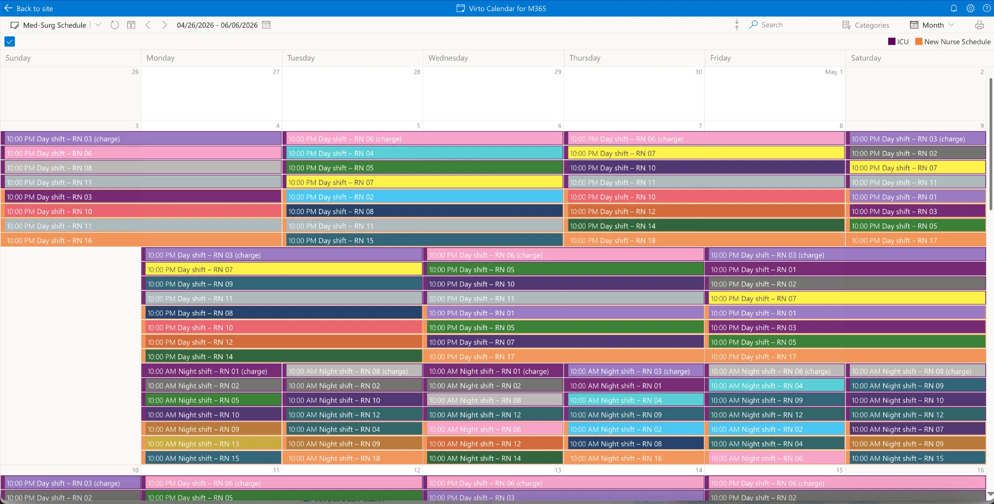 Real nurse schedule in the Virto Calendar App with color-coded shifts