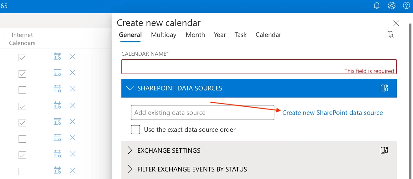Creating a new SharePoint data source in the Virto Calendar App