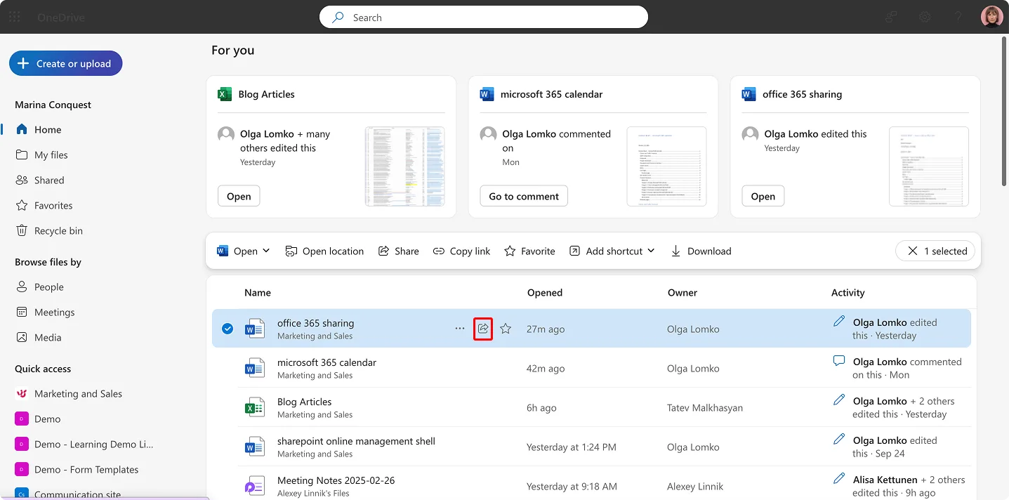 Navigation zu 'Teilen' in OneDrive zum Teilen einer Datei oder eines Ordners