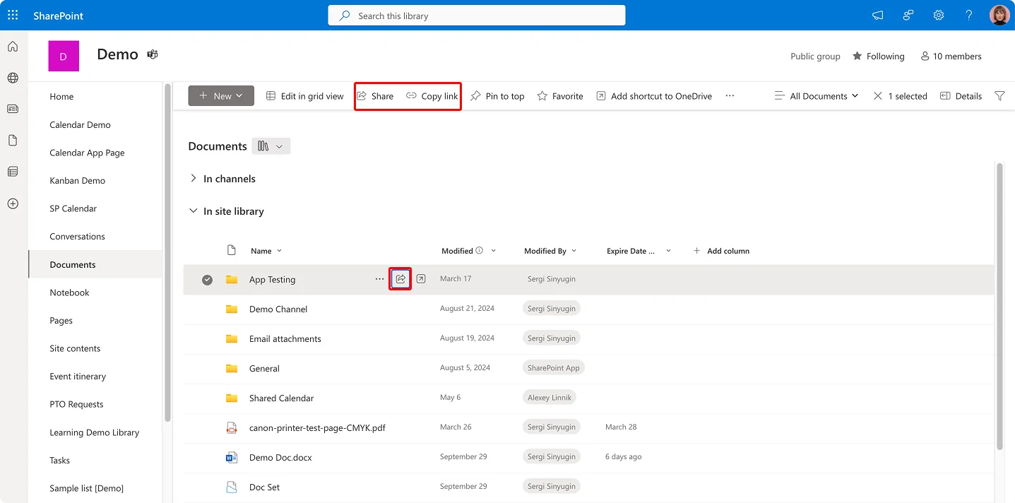 Navigating to sharing options in SharePoint