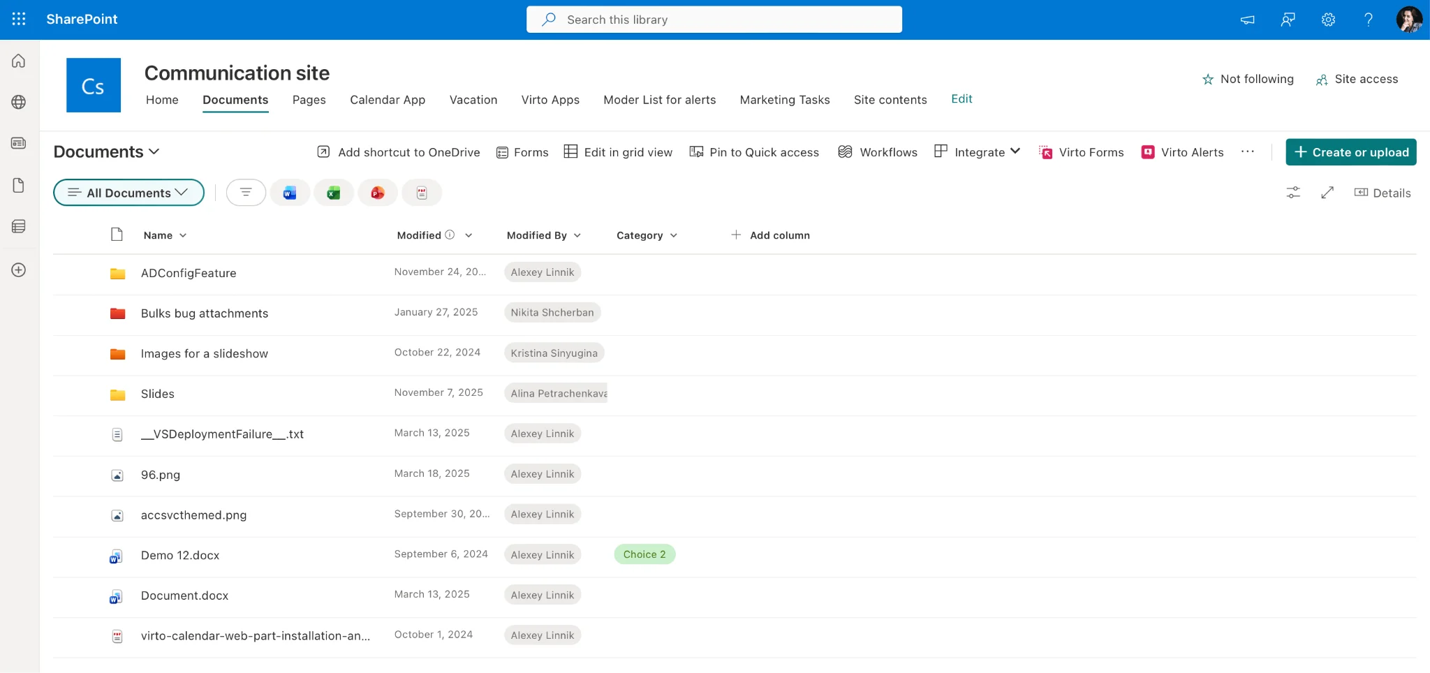 SharePoint site and document library interface