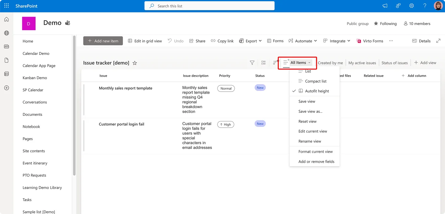 Accessing 'All items' to change views