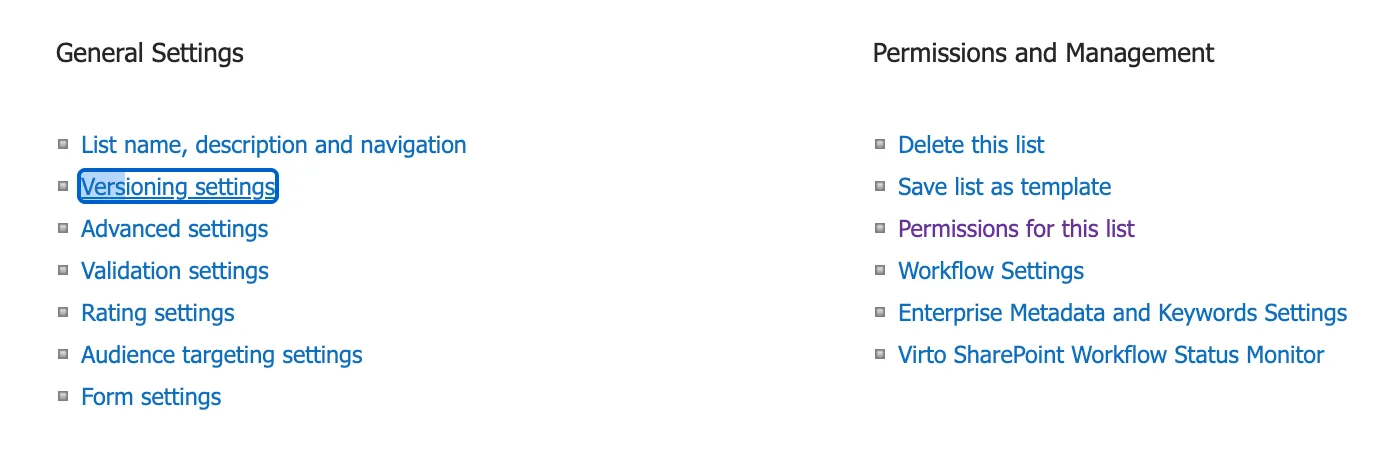 Versioning settings