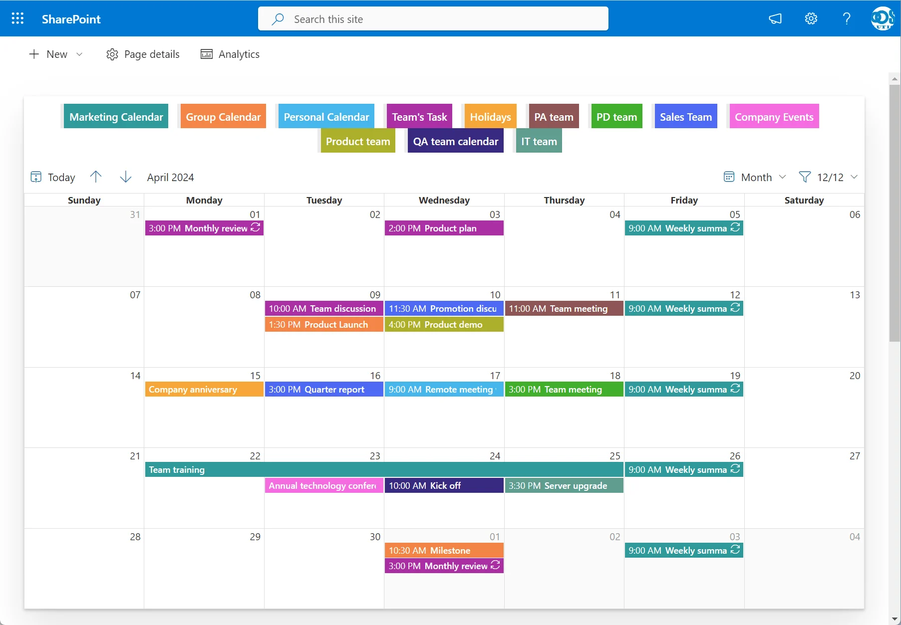 BoostSolutions Calendar Rollup monthly view