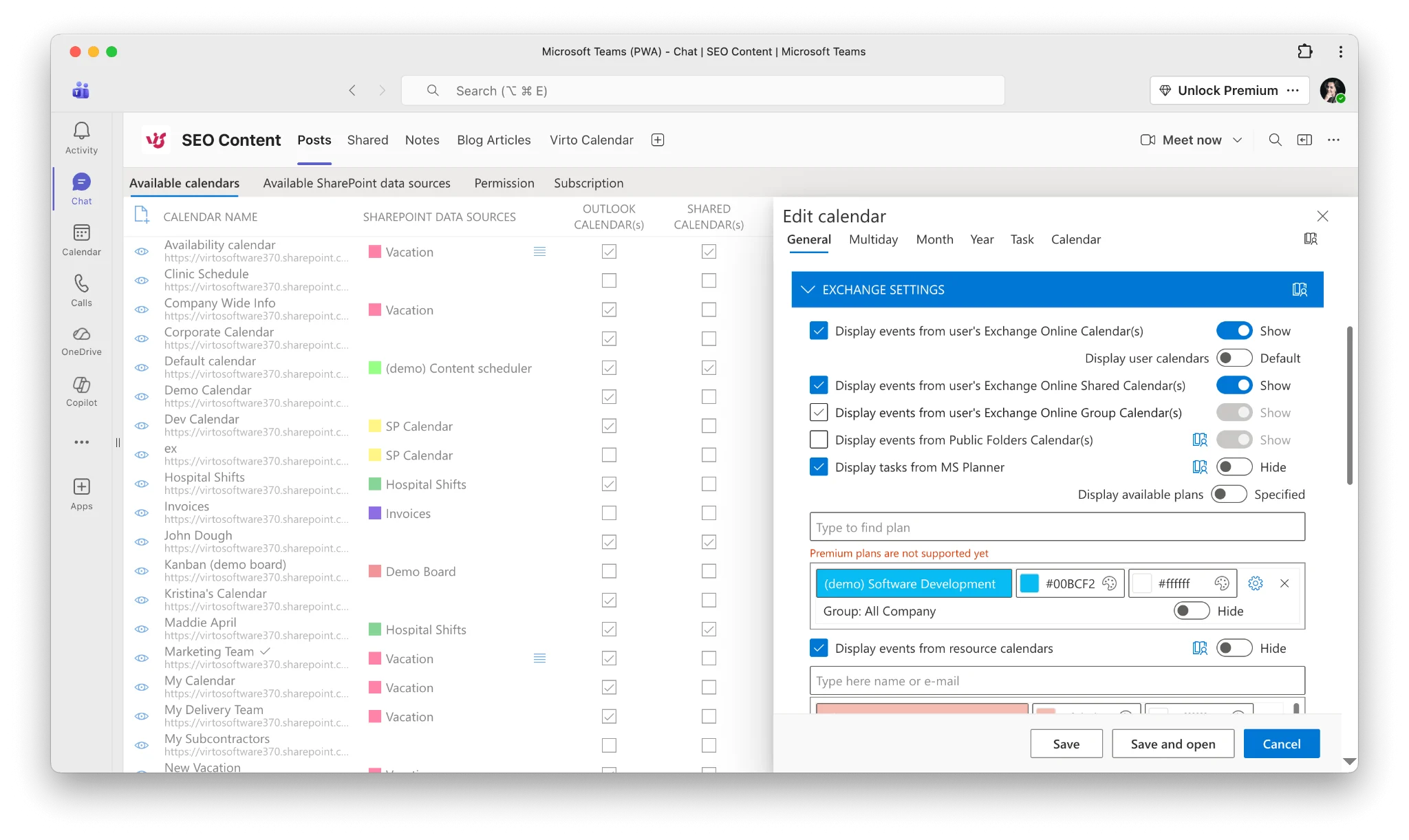 Exchange Outlook calendar connection settings