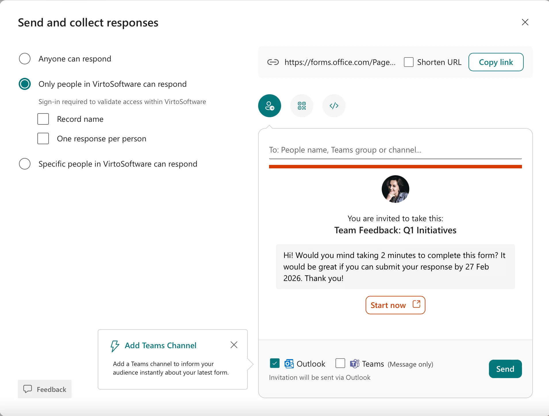 Microsoft Forms collect responses share options