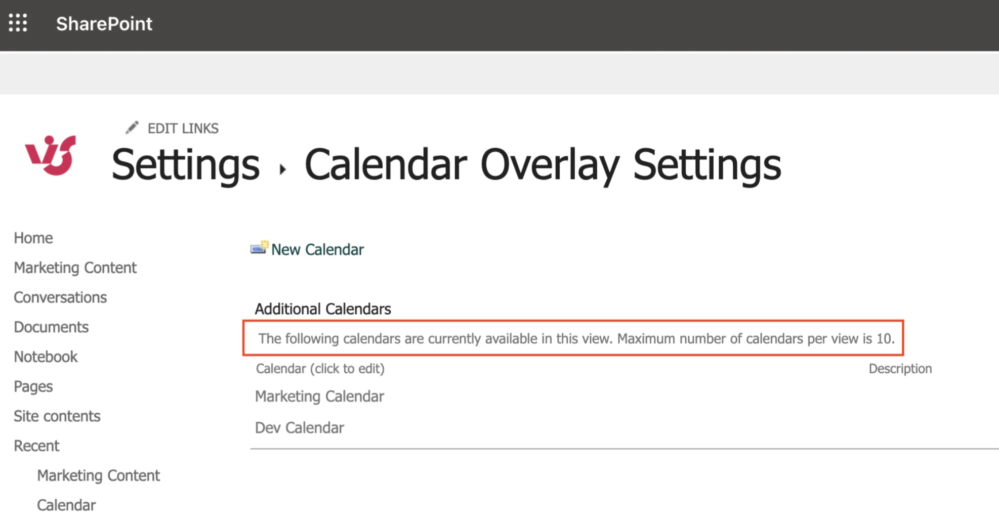 Classic SharePoint calendar overlay settings page