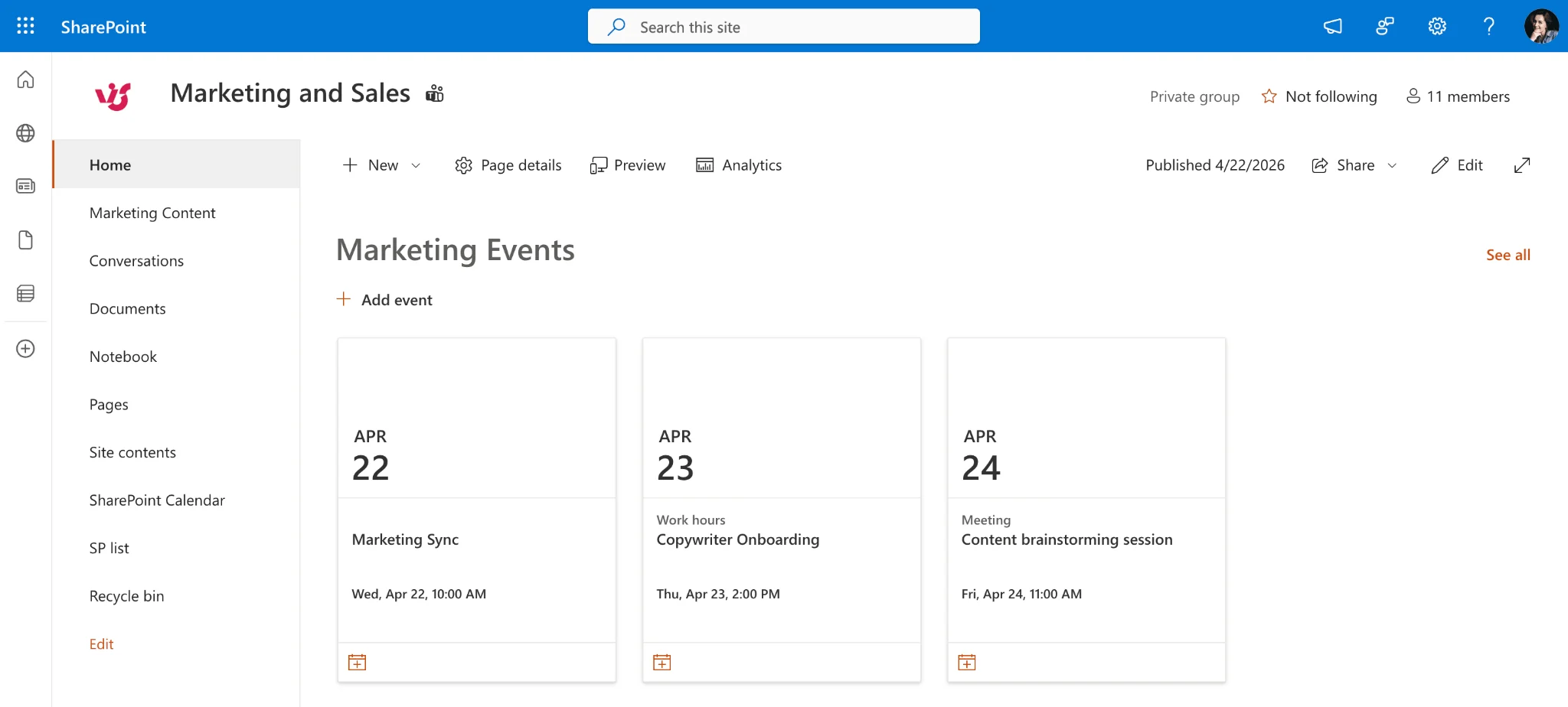 SharePoint Events web part limitations summary