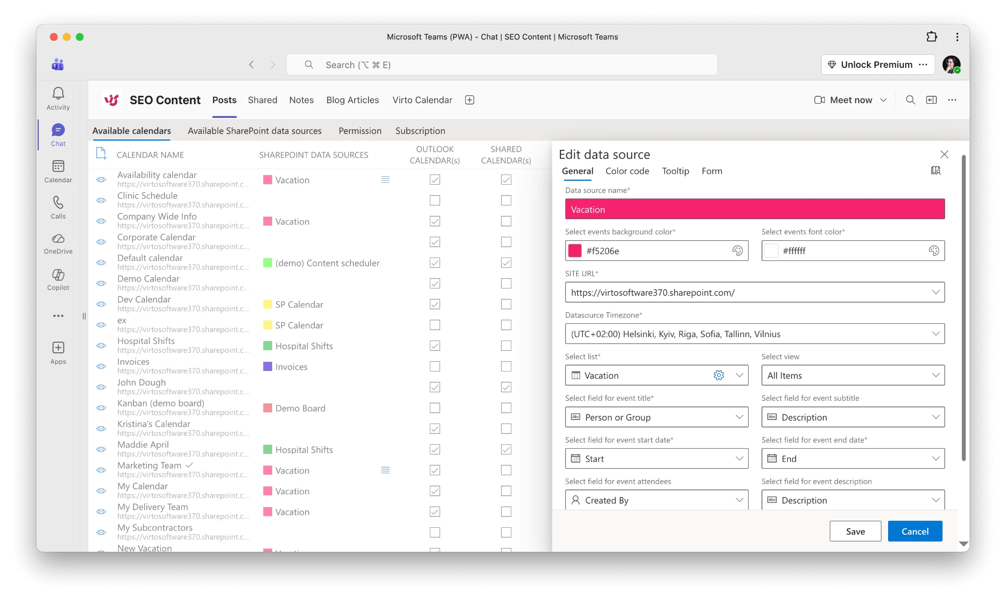 SharePoint list data source configuration