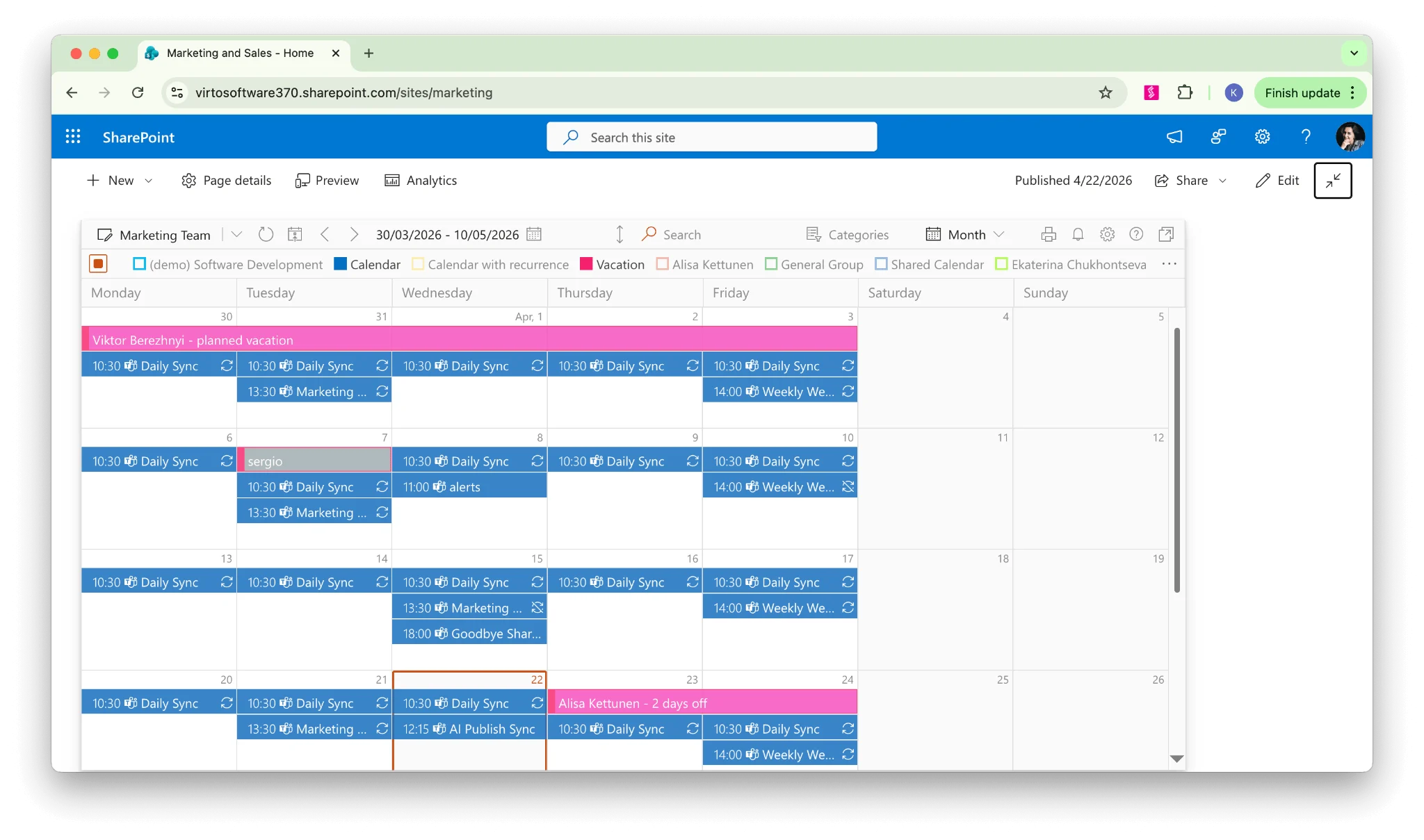Virto Calendar App monthly view on SharePoint page