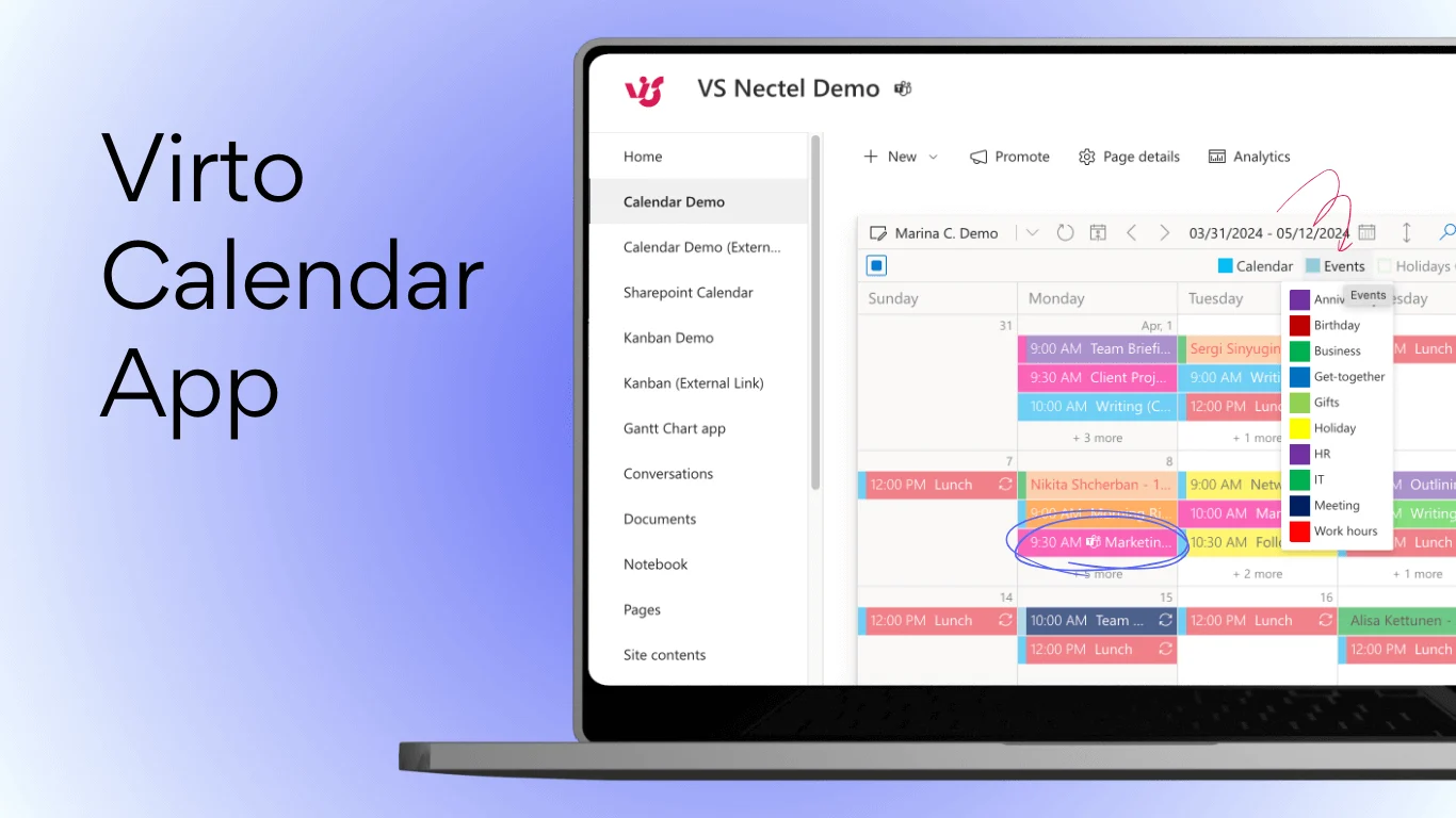 Virto Calendar App Teams view