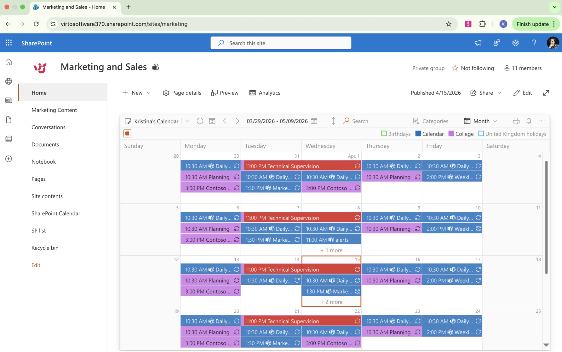 Virto Calendar web part added to modern SharePoint page