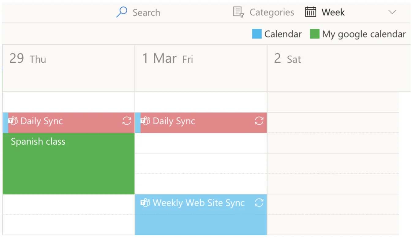 Virto Calendar multi-source overlay with color-coded events
