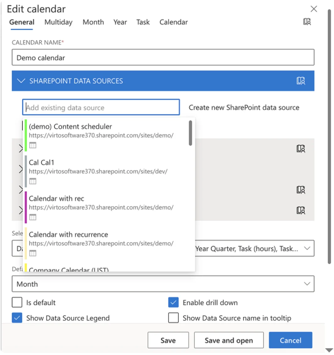 Virto Calendar SharePoint list data source configuration
