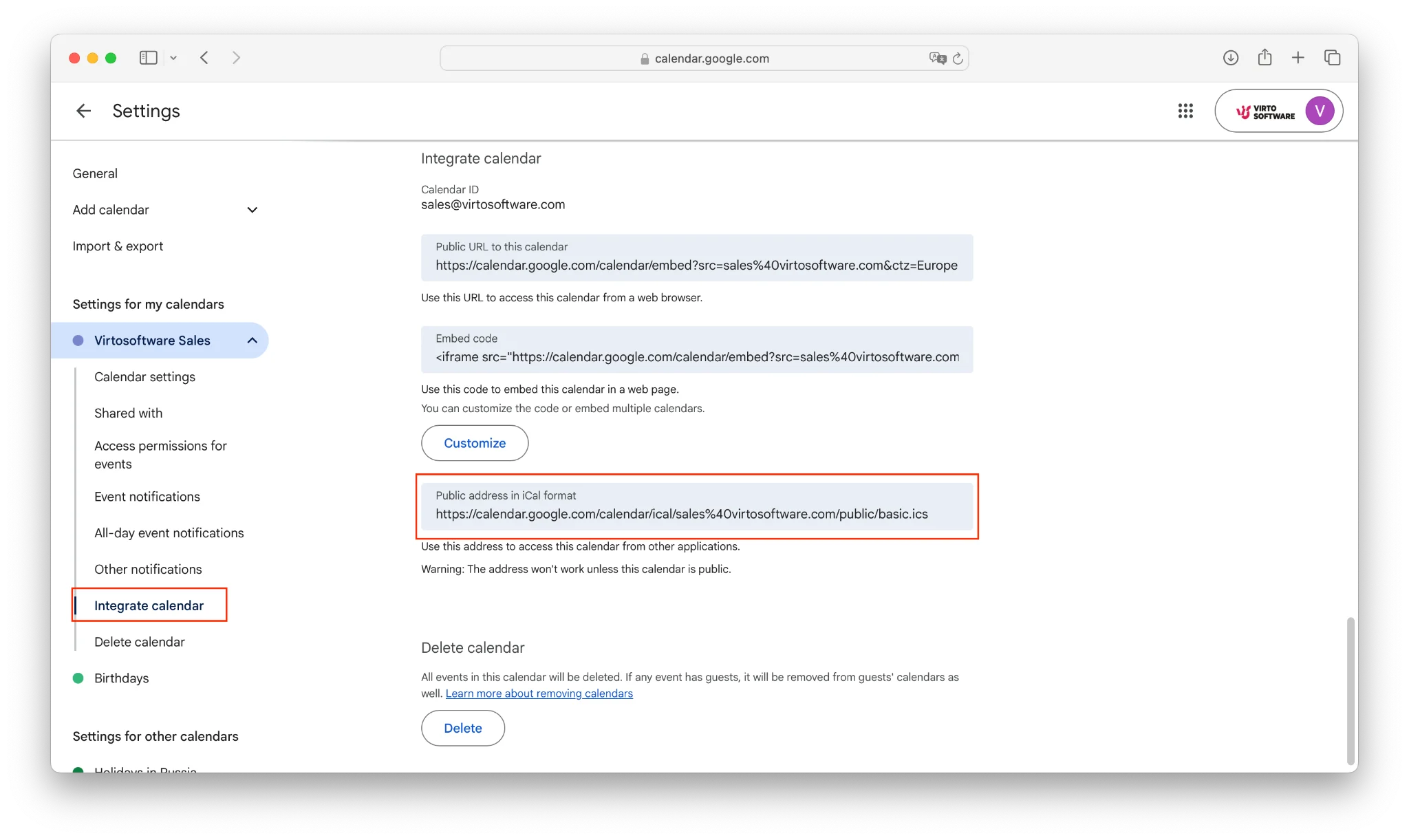 Google Calendar integrate calendar iCal URL section