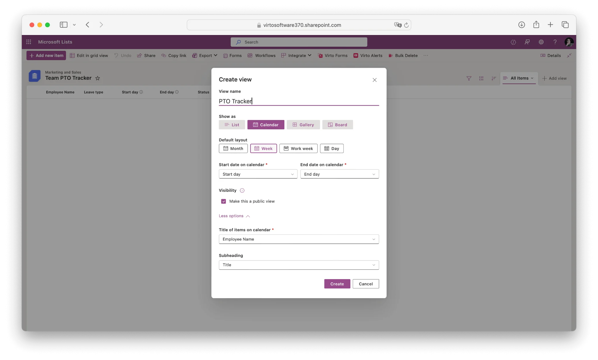 SharePoint calendar view configuration panel