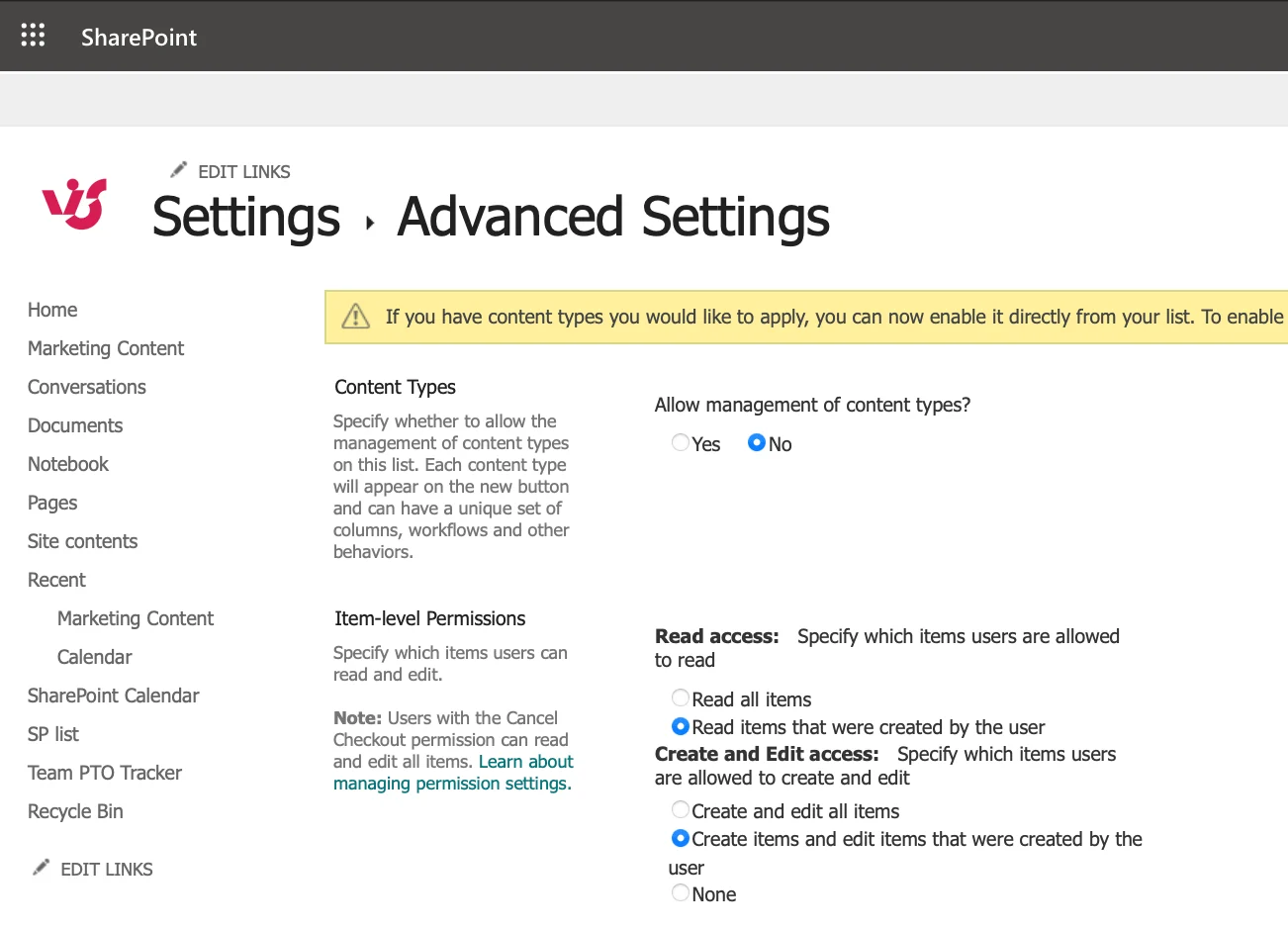 SharePoint item-level permissions settings page