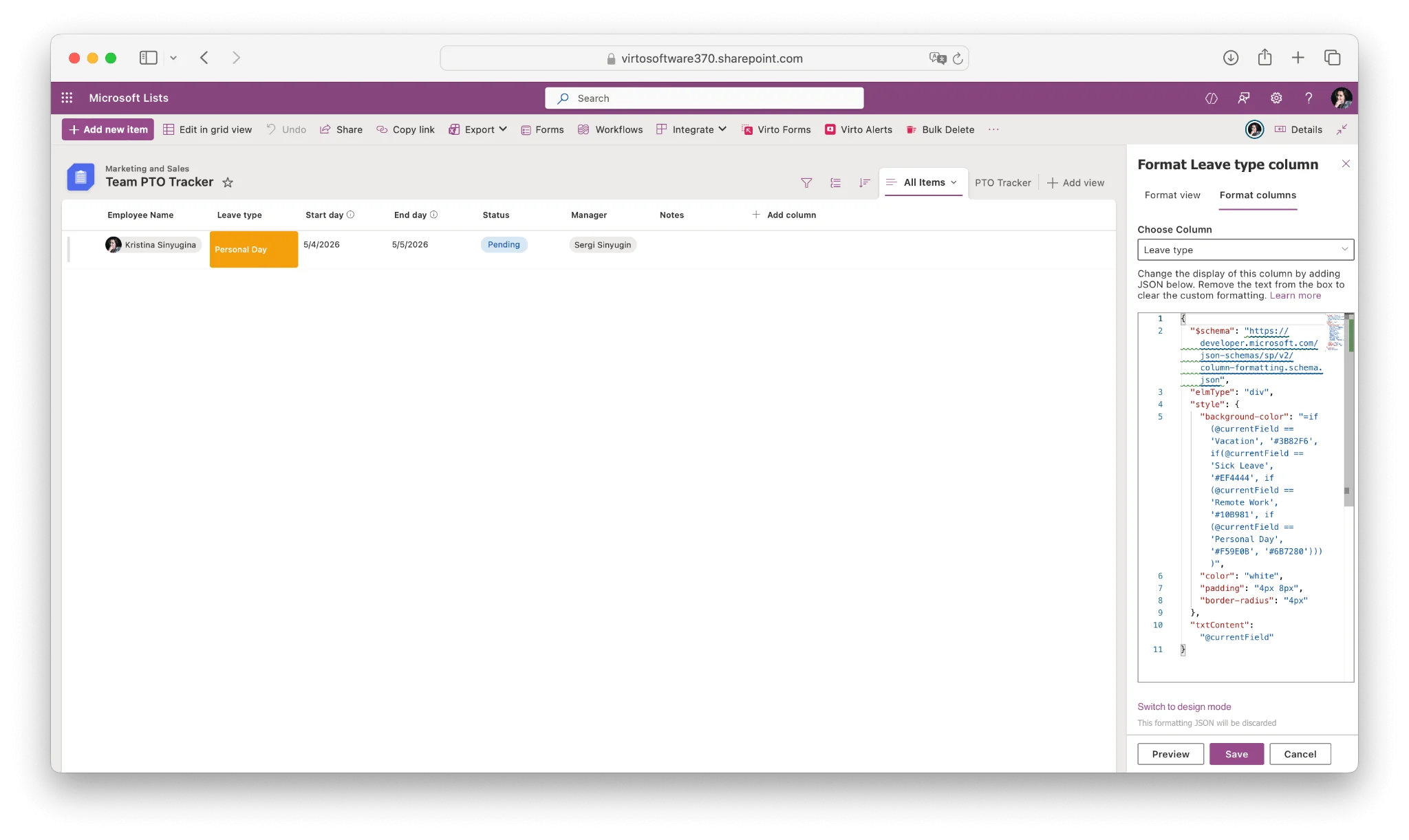 SharePoint list view with color-coded leave type column