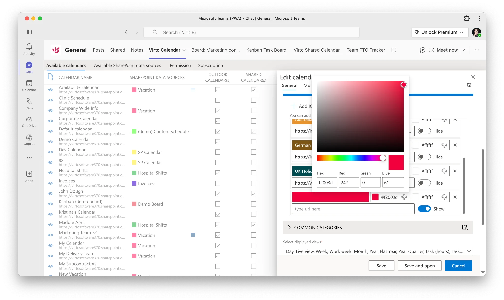 Virto Calendar source color and refresh interval settings