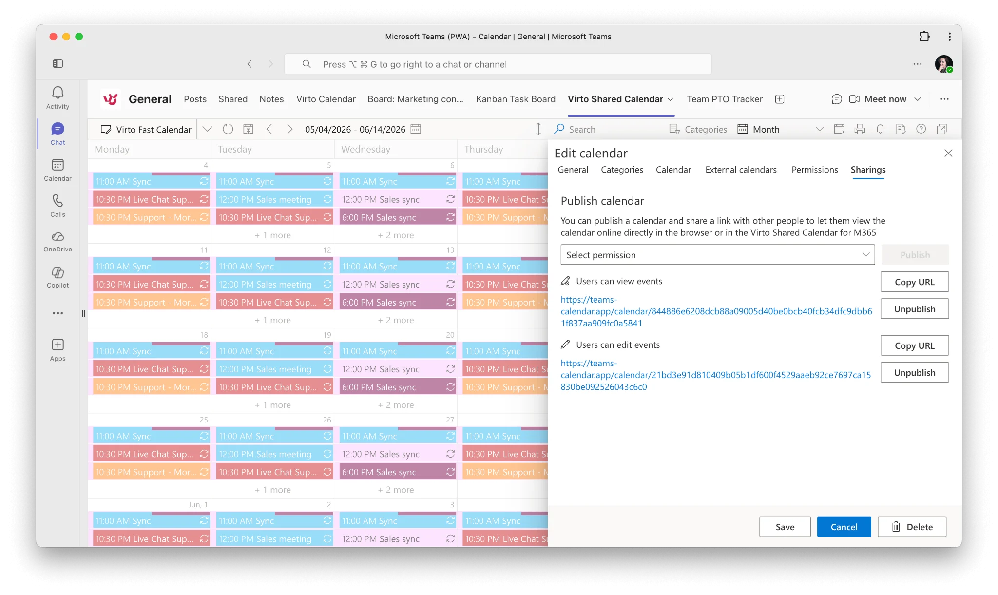 Virto calendar sharing link generation interface