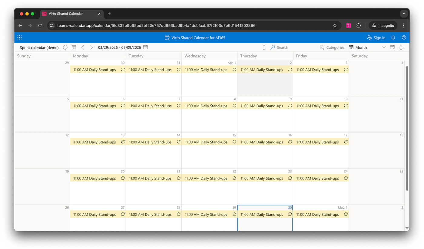 The published calendar opened in an incognito browser window at teams-calendar.app, showing the same daily stand-ups without any sign-in