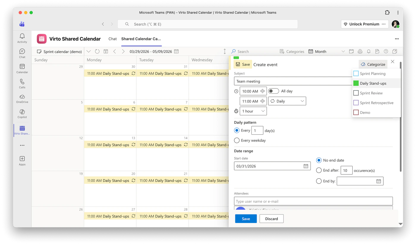 Create event panel in Virto Shared Calendar inside Microsoft Teams, with a daily recurrence pattern and the color-coded Categorize list open