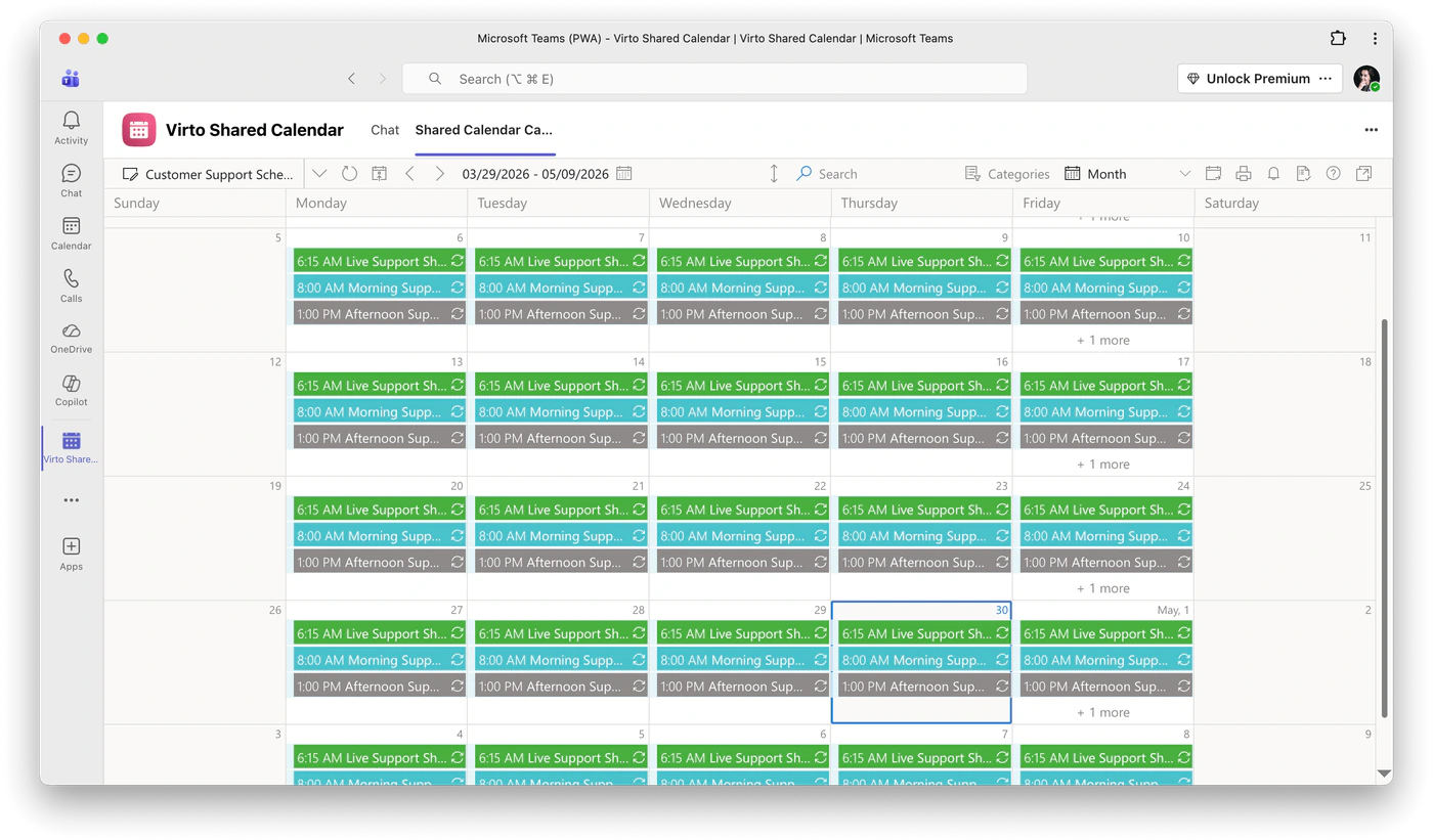 A shared support schedule with recurring morning and afternoon shifts, opened as a Virto Shared Calendar tab in Microsoft Teams