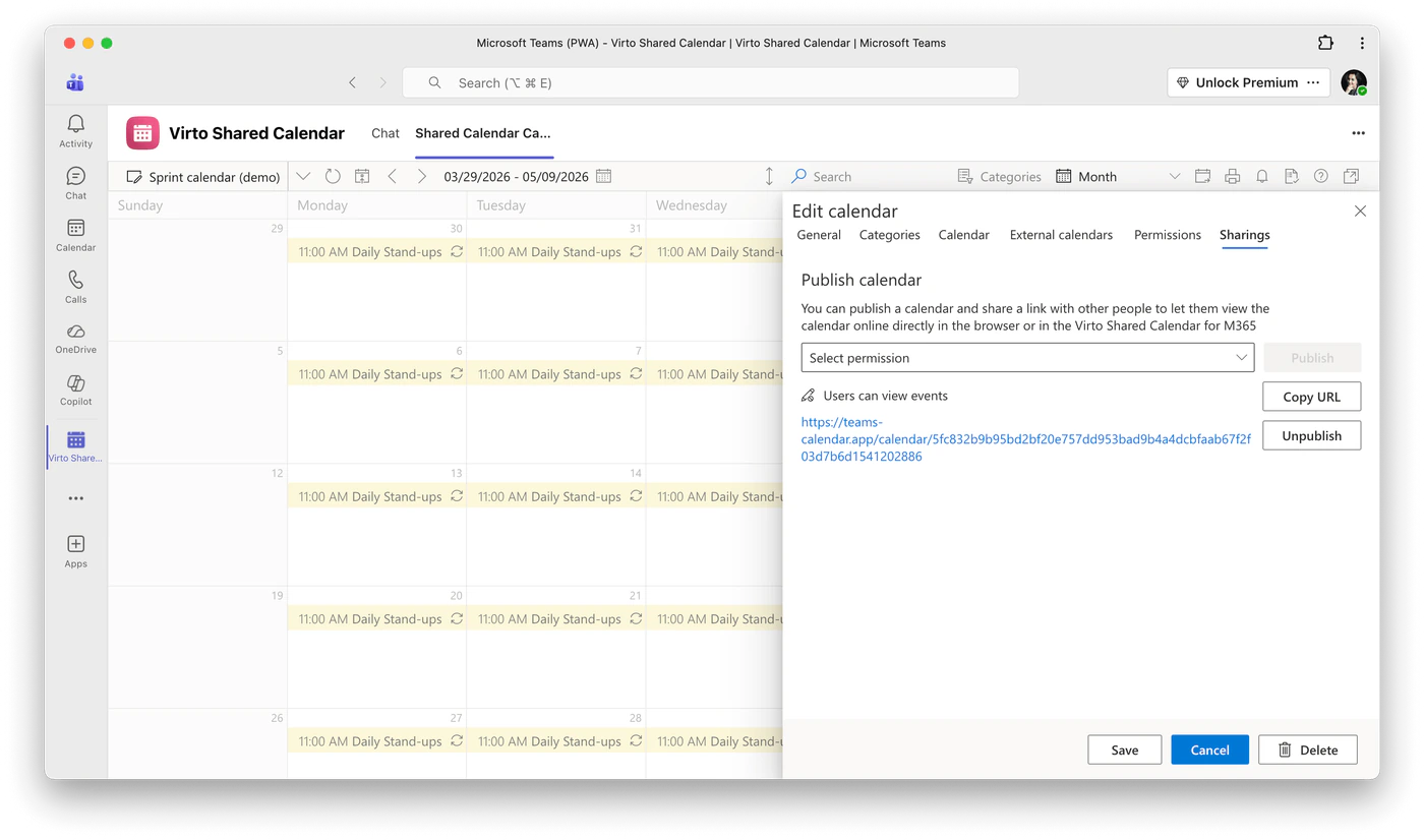 Sharings tab of the Edit calendar panel in Virto Shared Calendar, with the Publish calendar section, a permission selector, the public link and the Copy URL and Unpublish buttons